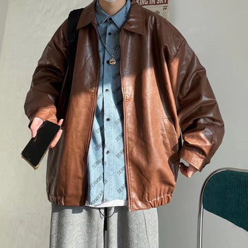 Wiaofellas Pu Leather Jacket Men Brown Retro Motorcycle Jacket Autumn Korean Fashion Fried Street Loose Zipper Bomber Jacket Learher Coats